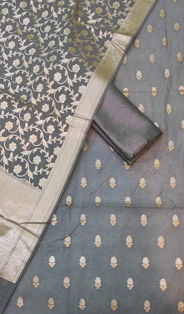 Pure Banarasi Mercerised Lorex Sona Rupa Weaving Unstitched Suit.