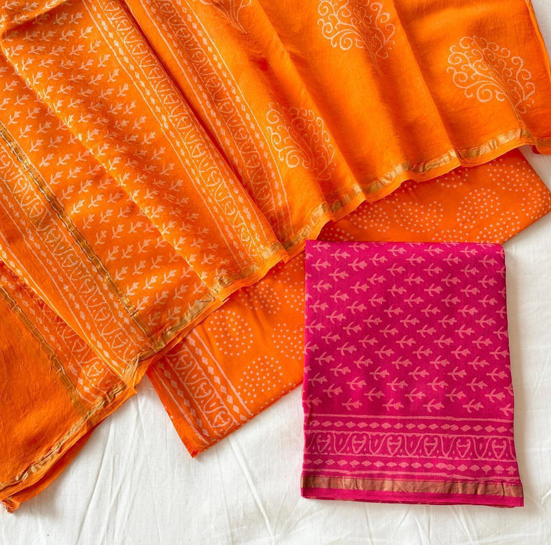 Pure Hand Block Chanderi Silk Unstitched Suit .