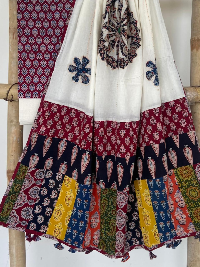 Pure Cotton Azrakh Print Unstitched suit With patch work Dupatta.