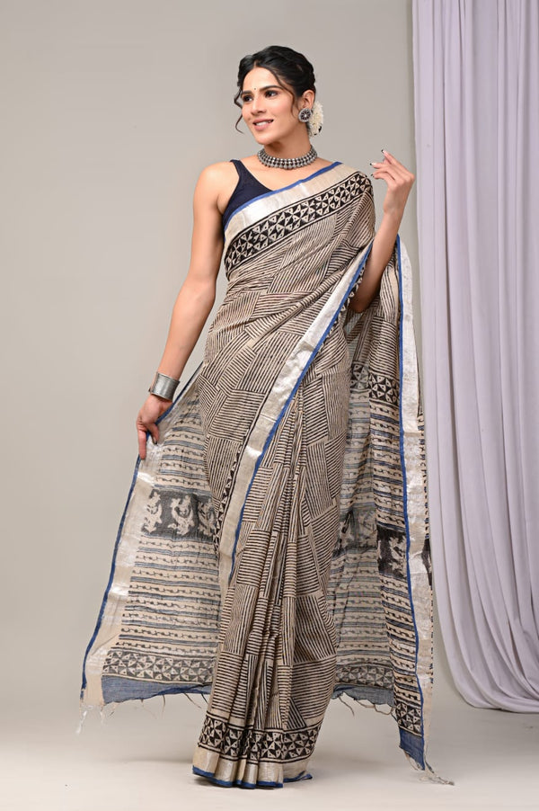 Hand Block Print Linen Saree with Blouse .