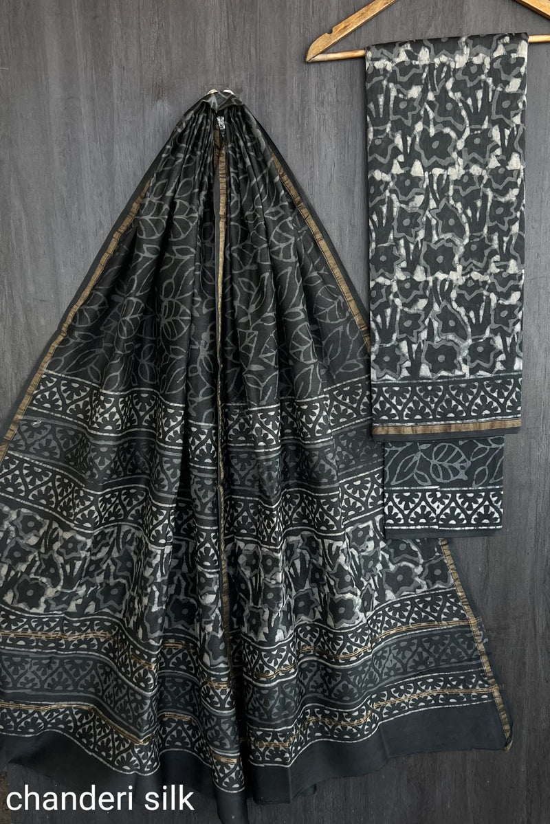 Pure Hand Block Chanderi Silk Unstitched Suit.