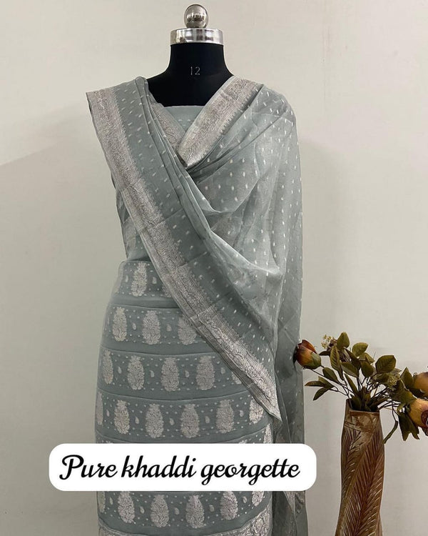 Pure Khaddi Georgette Unstitched Suit With Zari Work.