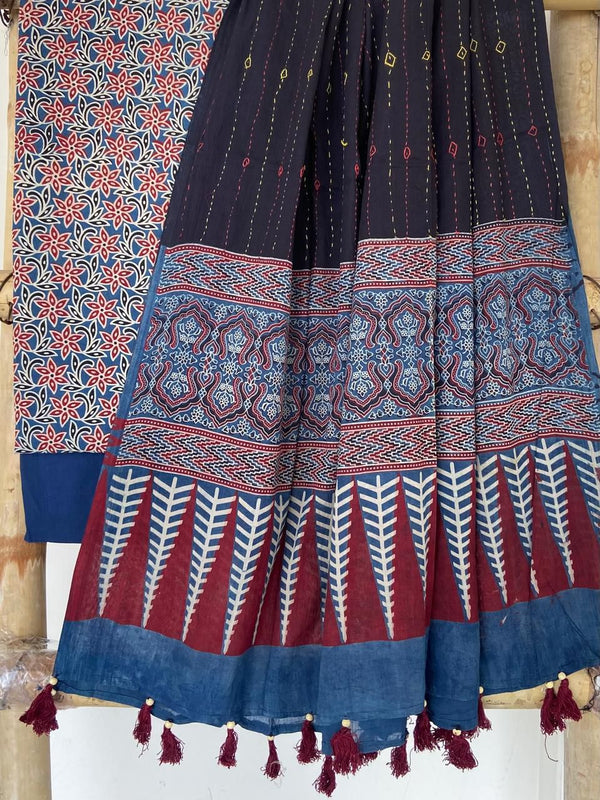 Pure Cotton Azrakh Print Unstitched suit With Hand kantha Work Dupatta .