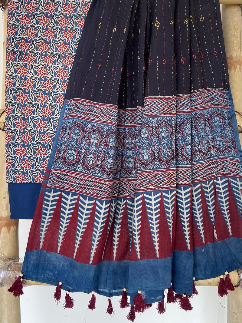 Pure Cotton Azrakh Print Unstitched suit With Hand kantha Work Dupatta .