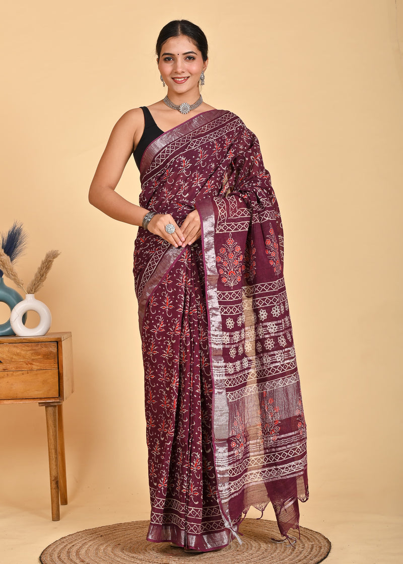 Hand Block Print Linen Saree with Blouse .