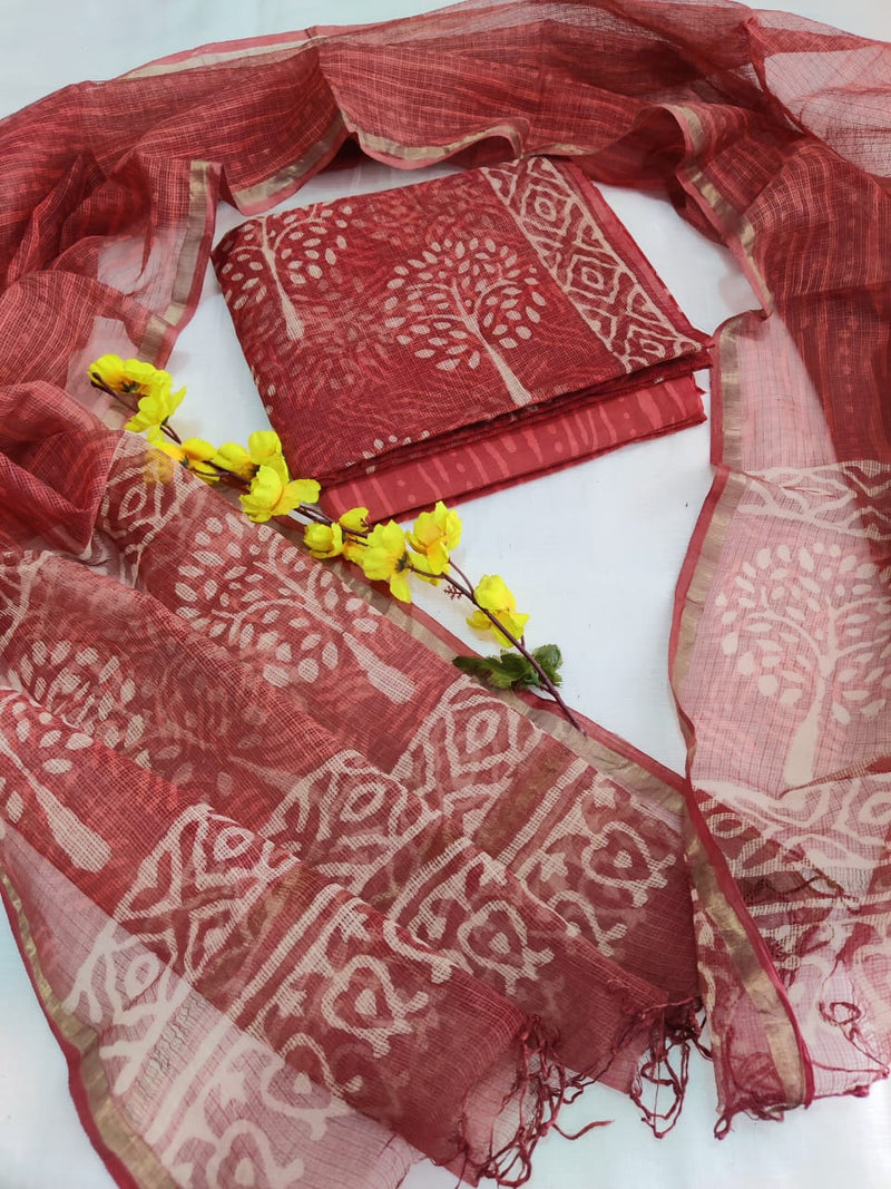 Pure Kota Doriya Hand Block Printed Unstitched Suit With Dupatta