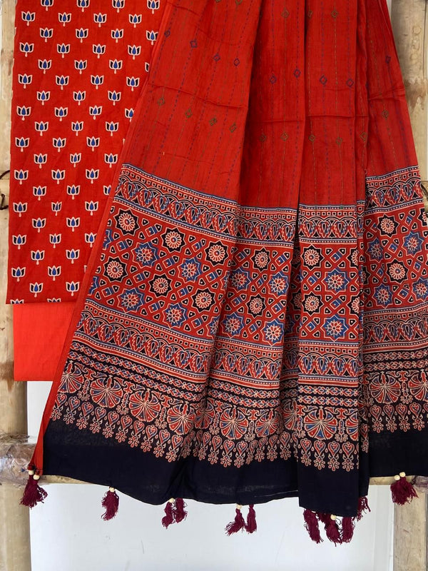 Pure Cotton Azrakh Print Unstitched suit With Hand kantha Work Dupatta .