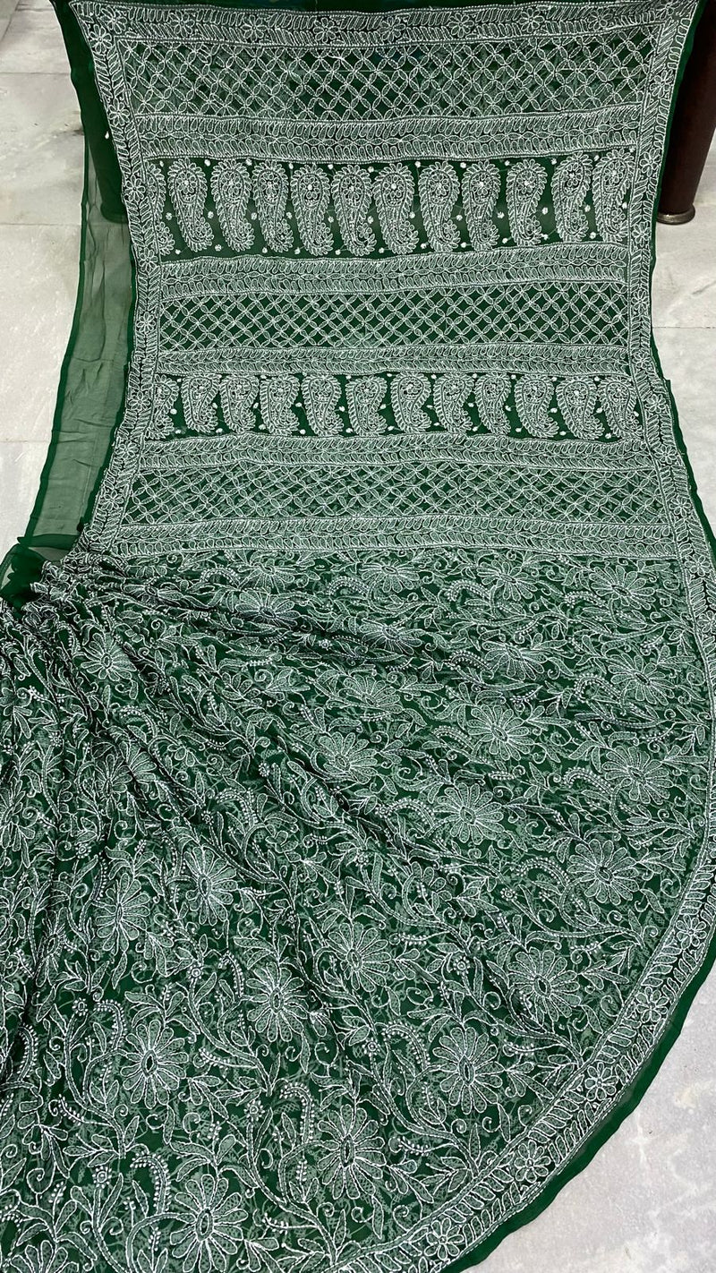 Pure Chiffon Georgette Chikankari Hand Embroidery Full Jaal Work Saree.