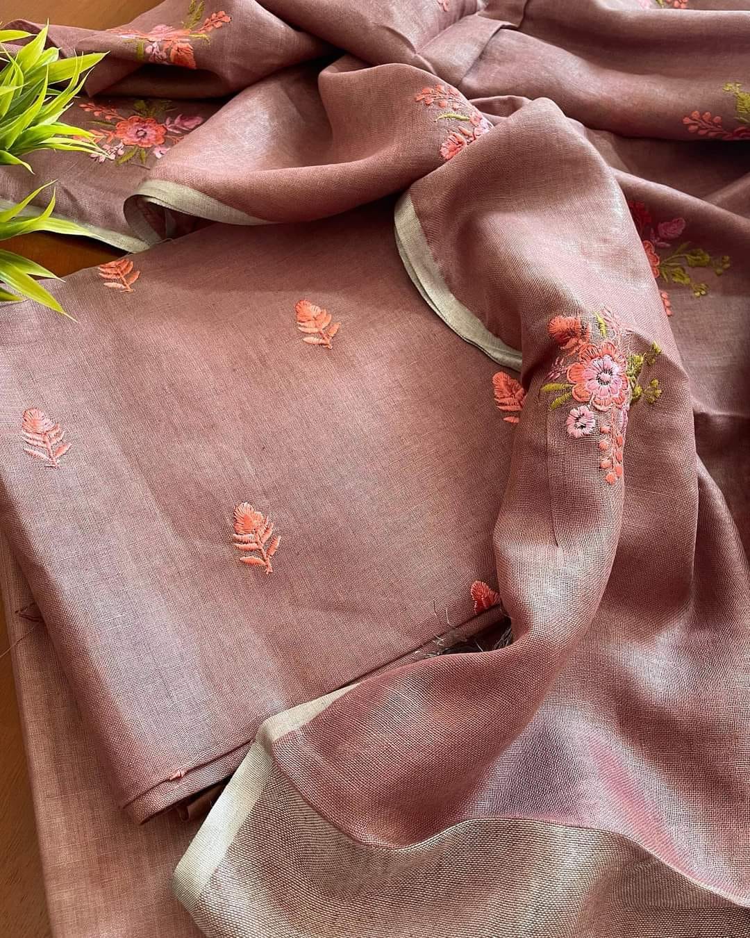 Bhagalpuri Cotton Linen Embroidery Unstitched suit.