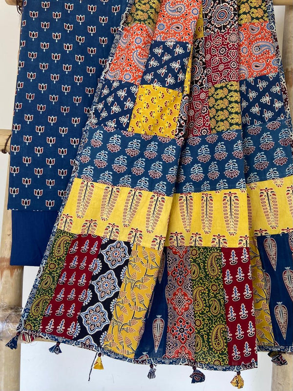 Pure Cotton Azrakh Print Unstitched suit With Patch Work Dupatta.