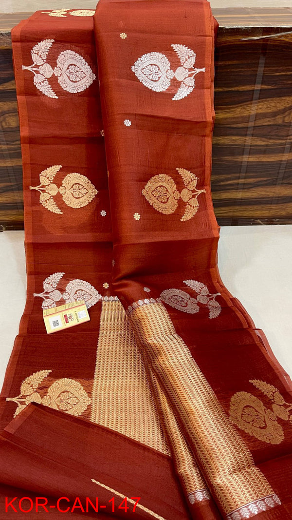 Pure Banarasi Kora Organza Silk Handwoven Zari Work Saree With Silk Mark Certificate ( Length- 6.3 Meter )