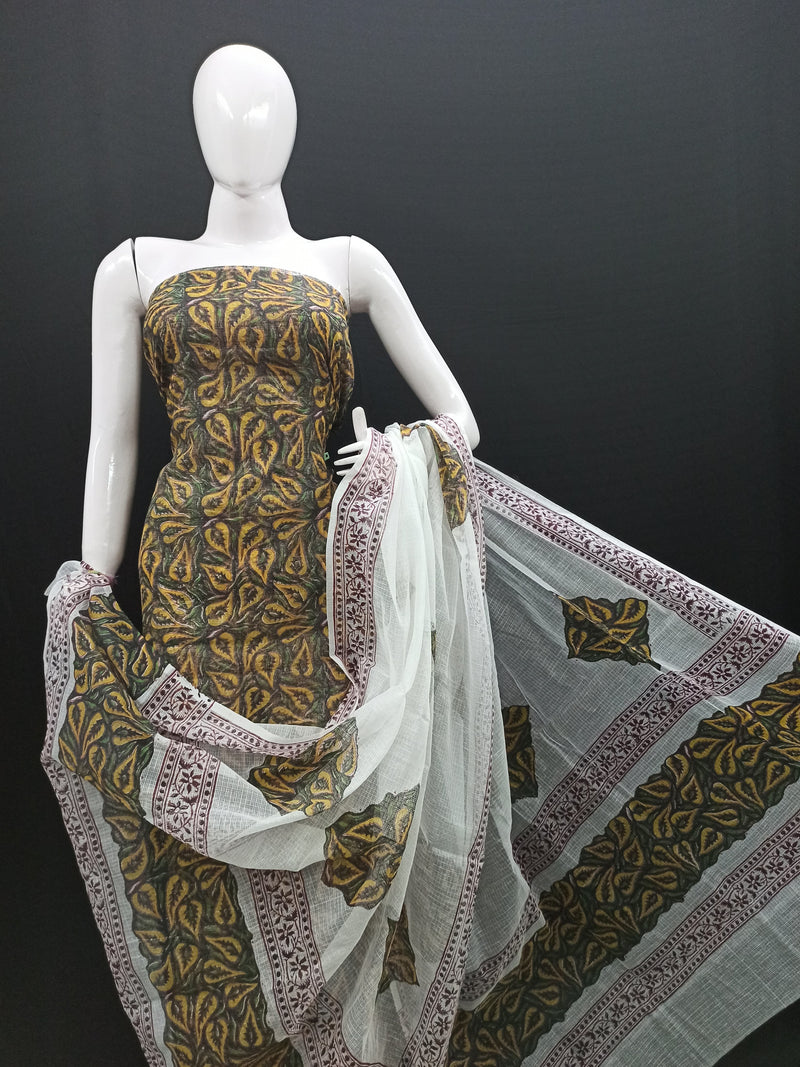 Pure Kota Doria Hand Block Print Unstitched Suit with Dupatta .