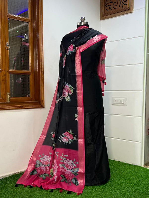 Banarasi Russian Unstitched Suit With Cotton Silk Digital print Dupatta.