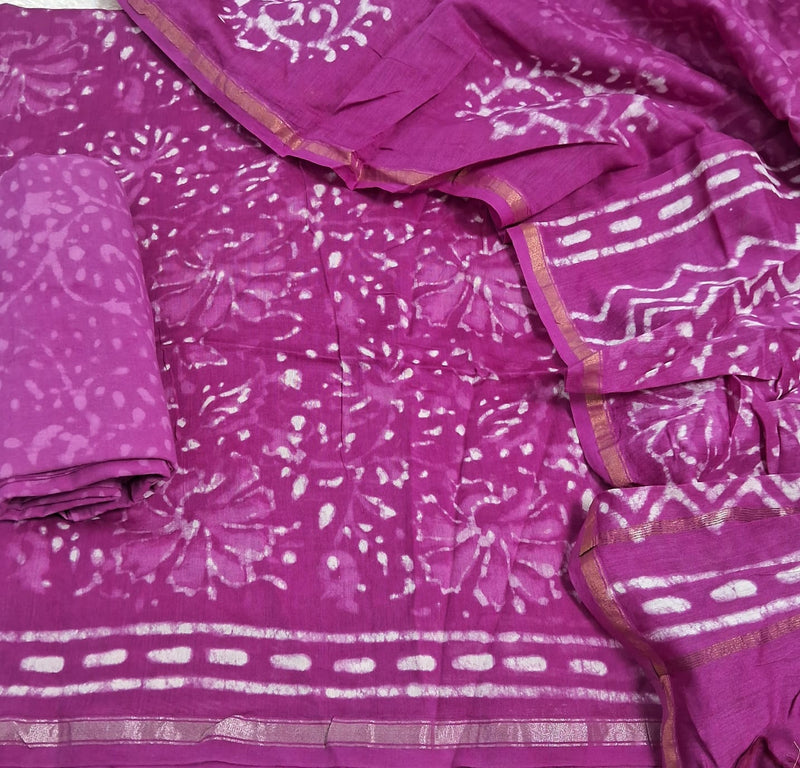 Pure Chanderi Silk Hand Block Unstitched Suit With Chanderi Dupatta .