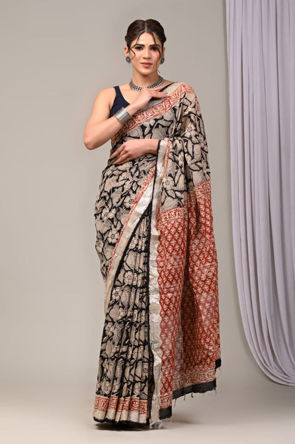 Hand Block Print Linen Saree with Blouse .