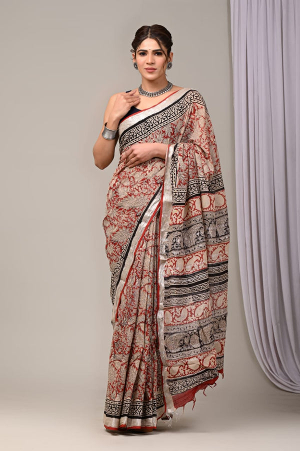 Hand Block Print Linen Saree with Blouse .