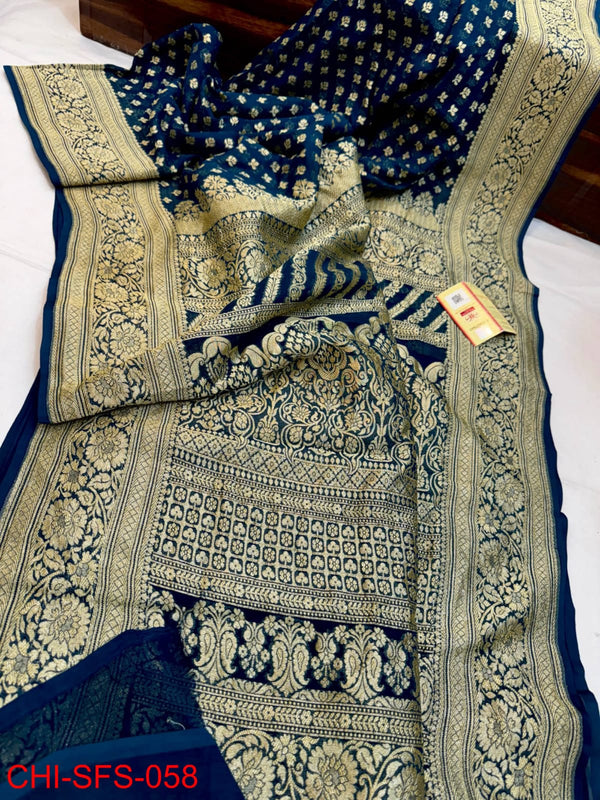 Pure Banarasi Handloom Khaddi Georgette Silk Saree With Beautiful Antique Zari Work