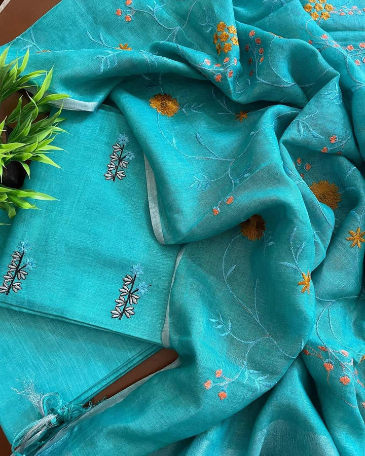 Bhagalpuri Cotton Linen Embroidery Unstitched suit.