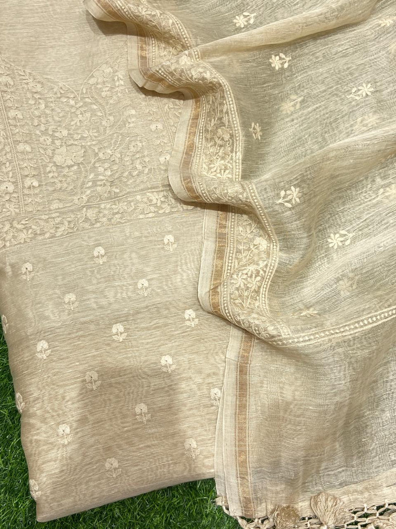 Pure Banarasi Linen Silk Resham Embroidery Unstitched Suit.