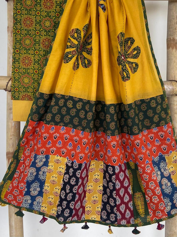 Pure Cotton Azrakh Print Unstitched suit With patch work Dupatta.