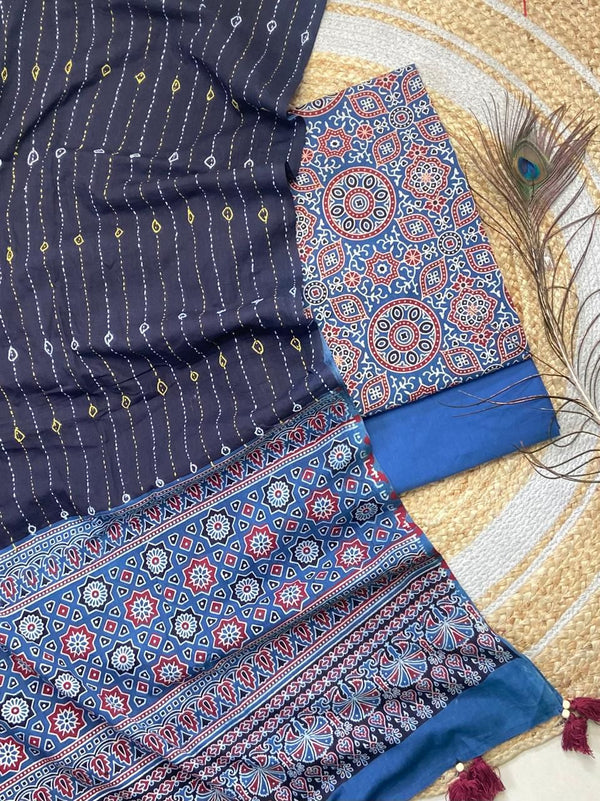 Pure Cotton Azrakh Print Unstitched suit With Hand kantha Work Dupatta .