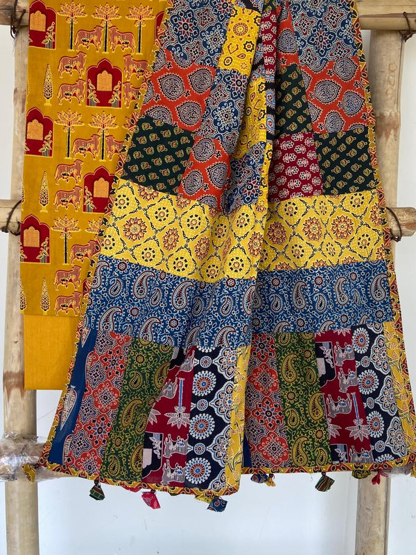 Pure Cotton Azrakh Print Unstitched suit With Patch Work Dupatta.