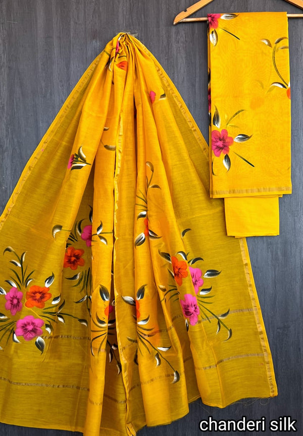 Pure Hand Block Chanderi Silk Unstitched Suit.