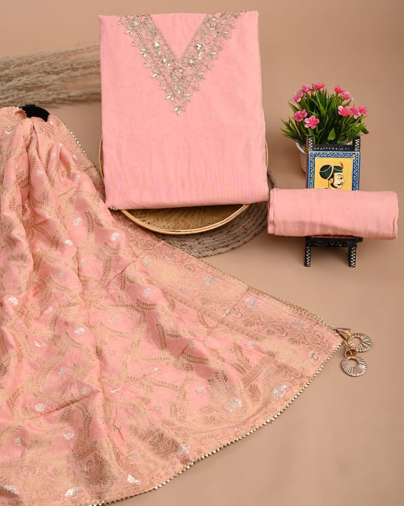 Pure Chanderi Silk Hand Work Unstitched Suit With Dhola Silk Dupatta.