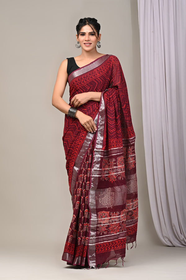 Hand Block Print Linen Saree with Blouse .