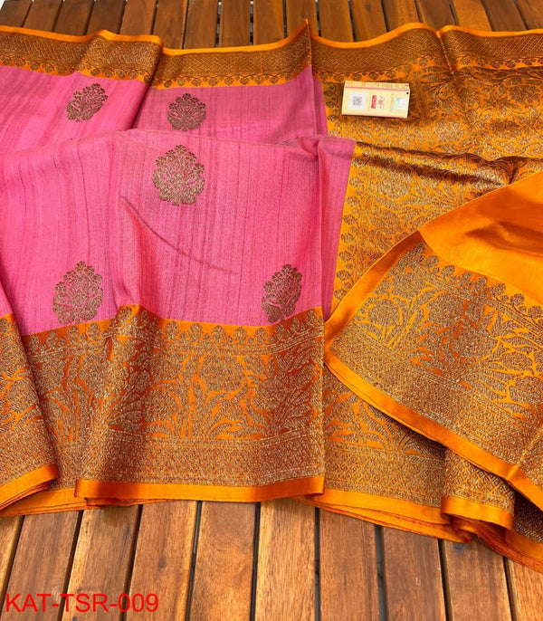 Handwoven Pure Banarasi Tussar Silk Saree With Antique Zari Work.