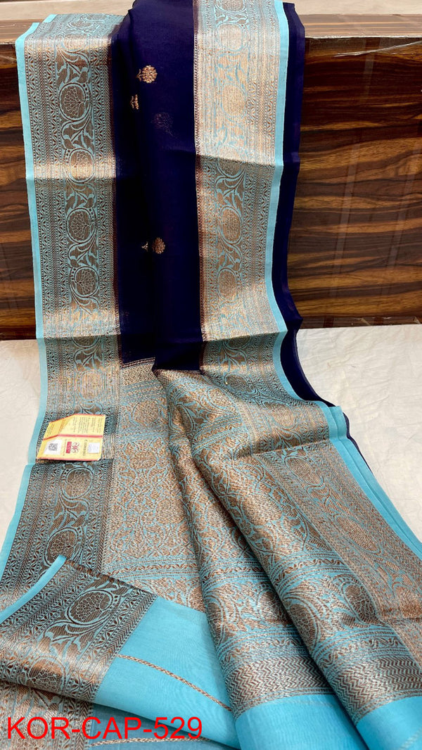 Pure Banarasi Kora Organza Silk Handwoven Zari Work Saree With Silk Mark Certificate ( Length- 6.3 Meter )