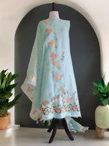 Pure Chanderi Silk Birds Embroidery unstitched Suit With Organza Silk Dupatta .