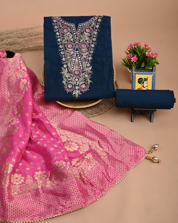 Pure Chanderi Silk Hand Work Unstitched Suit With Dhola Silk Dupatta.