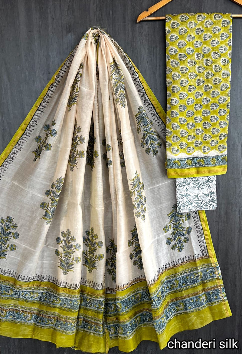 Pure Hand Block Chanderi Silk Unstitched Suit.