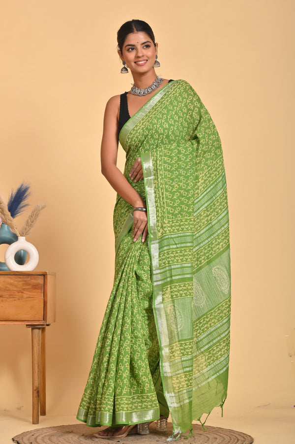 Hand Block Print Linen Saree with Blouse .