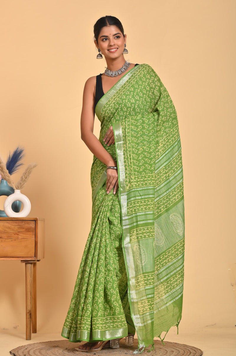 Hand Block Print Linen Saree with Blouse .