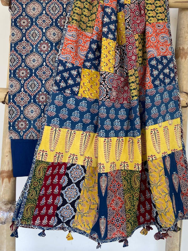 Pure Cotton Azrakh Print Unstitched suit With Patch Work Dupatta.