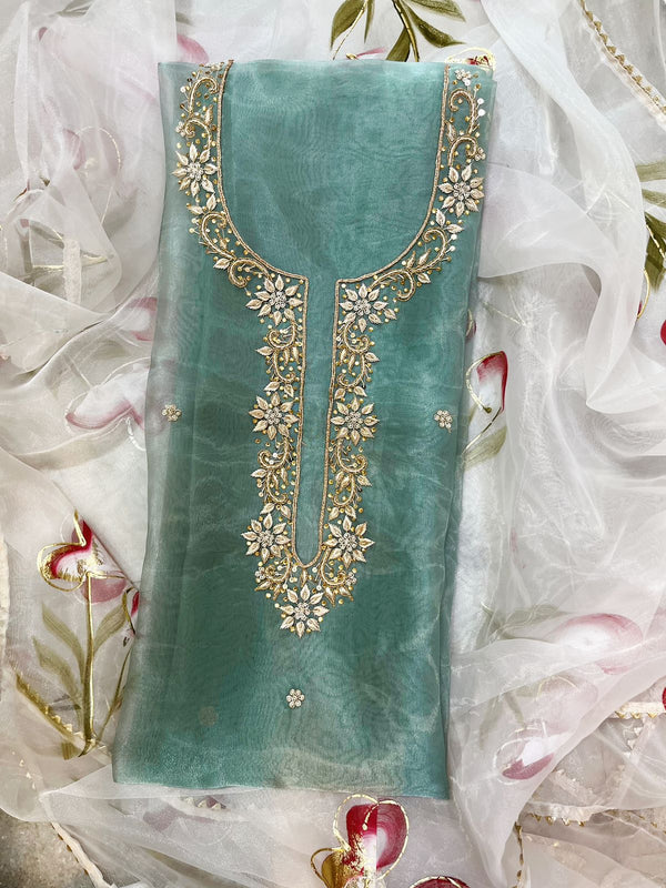 Organza Hand Zardosi work unstitched kurta with Organza Brush Print Dupatta.