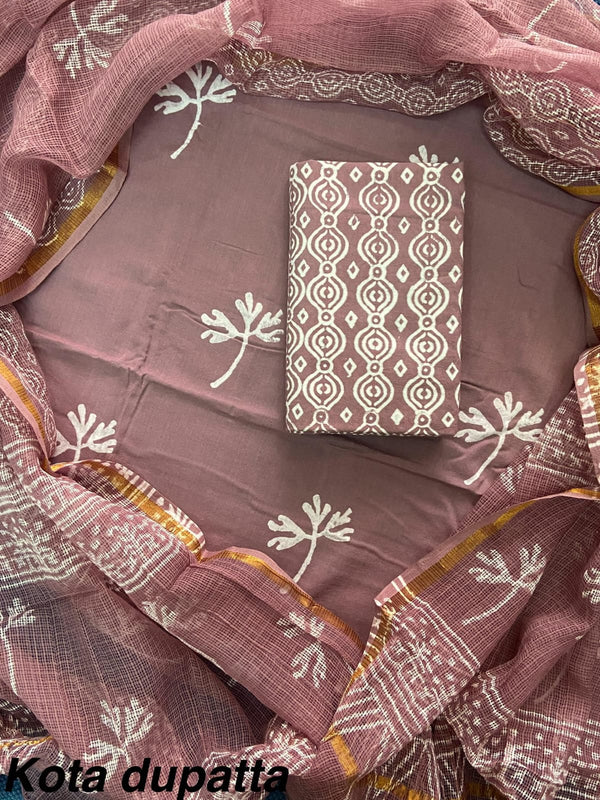 Pure Cotton Hand block print Unstitched Suit with Kota Dupatta .