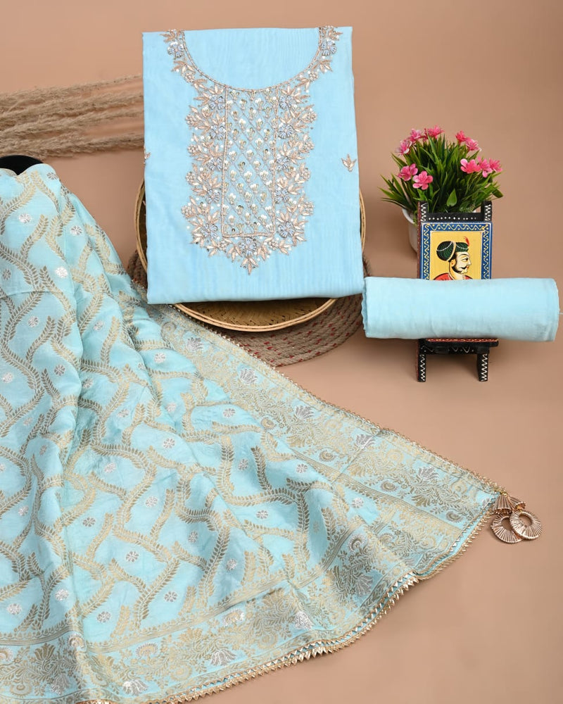 Pure Chanderi Silk Hand Work Unstitched Suit With Dhola Silk Dupatta.