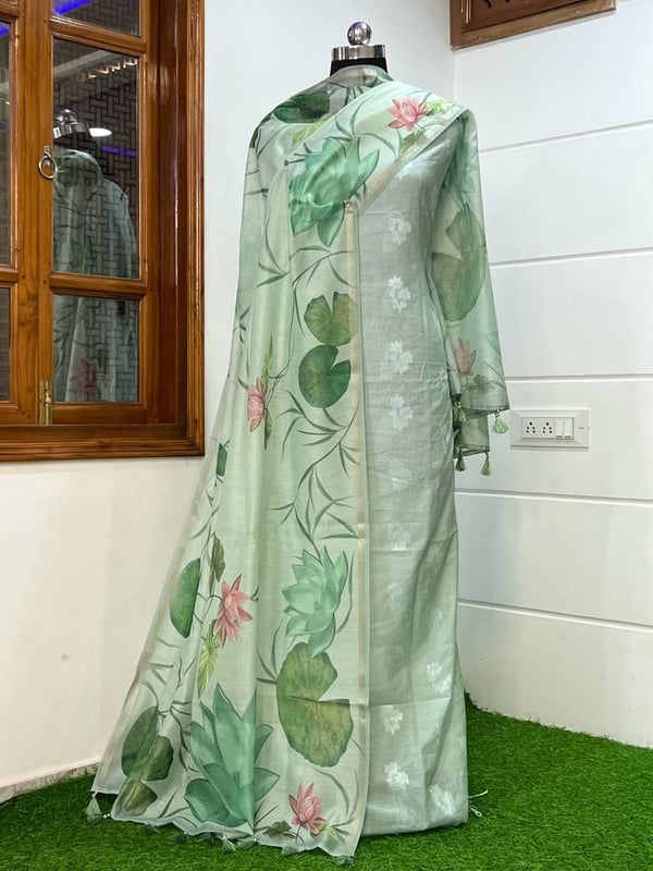 Banarasi Chanderi Silk Zari work unstitched Suit With Chanderi Pichwai Floral Dupatta.