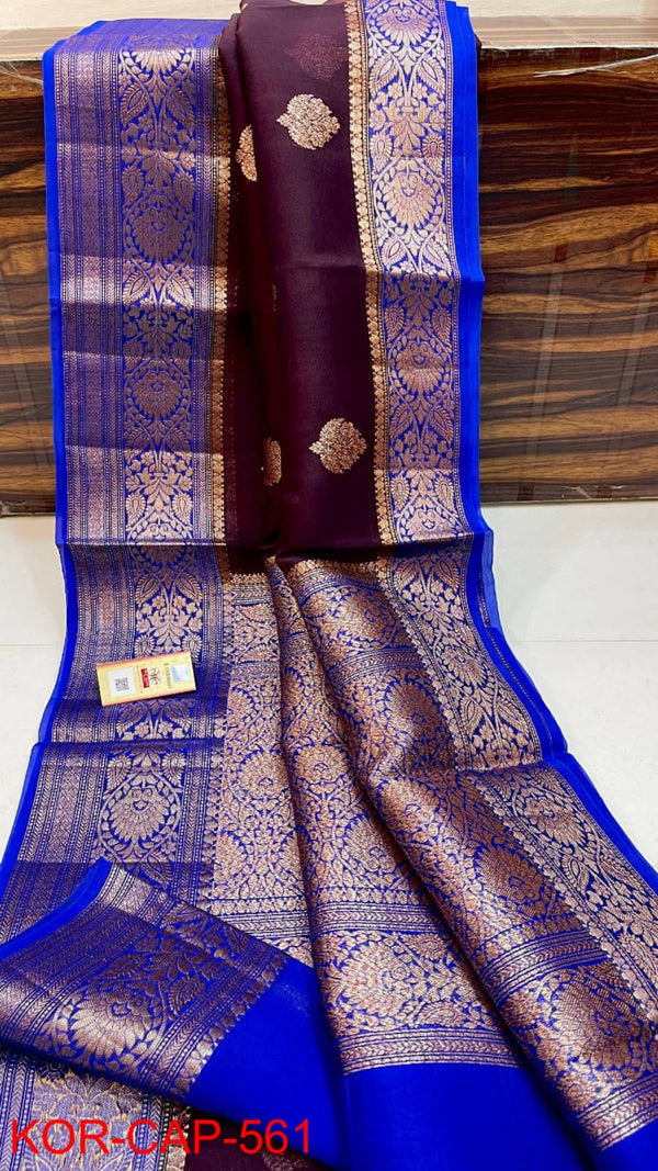 Pure Banarasi Kora Organza Silk Handwoven Zari Work Saree With Silk Mark Certificate ( Length- 6.3 Meter )