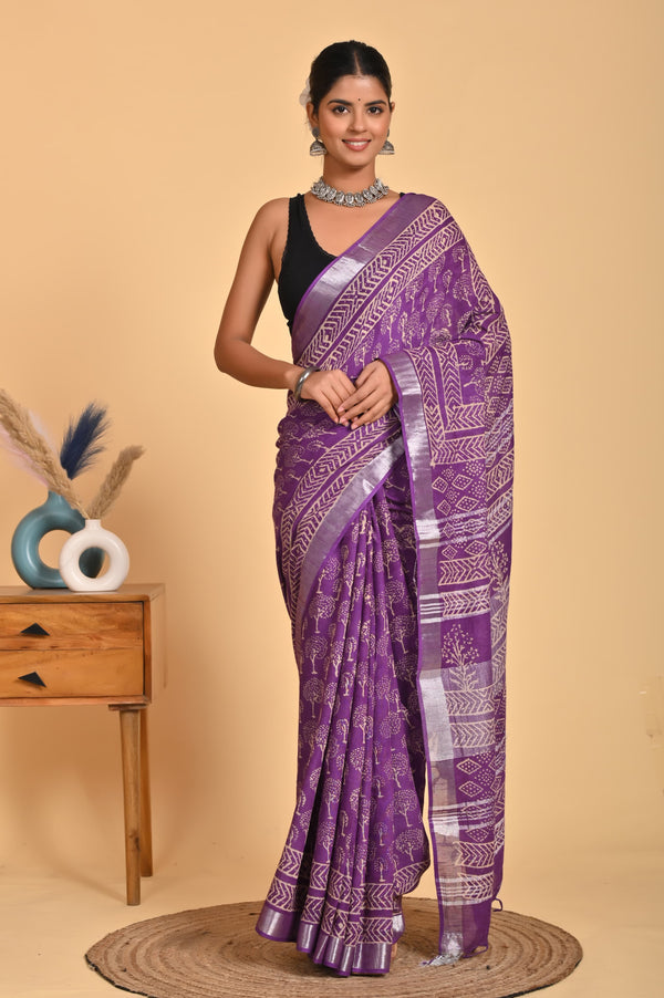 Hand Block Print Linen Saree with Blouse .