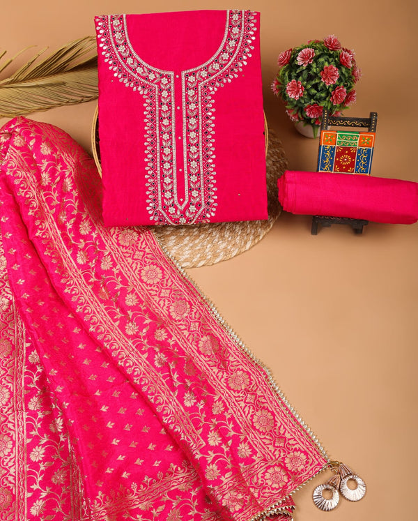 Pure Chanderi Silk Hand Work Unstitched Suit With Dhola Silk Dupatta.