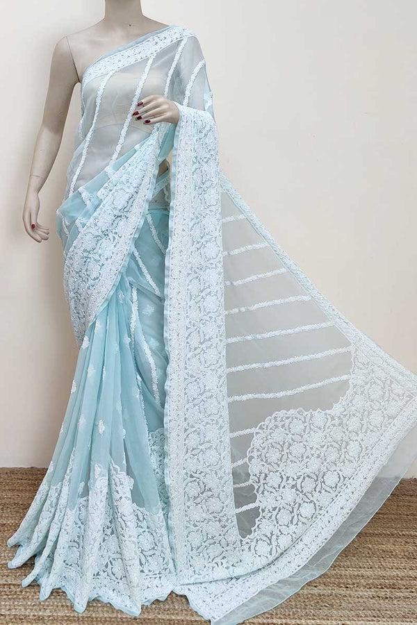 Pure Chiffon Georgette Chikankari Hand Embroidery Work Saree.