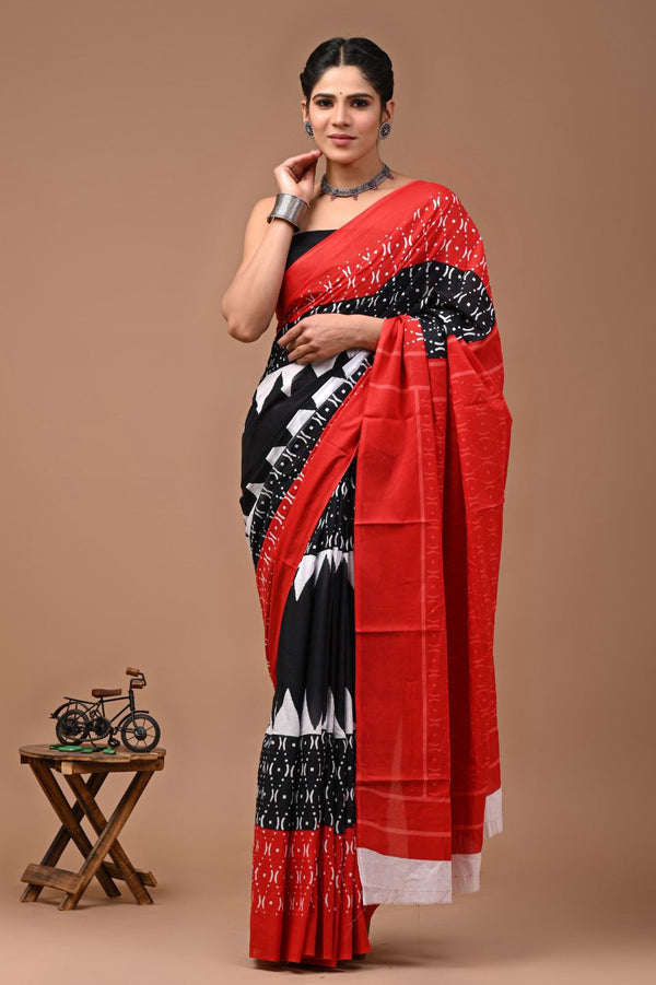 Pure  Mul cotton Hand print saree with Blouse.