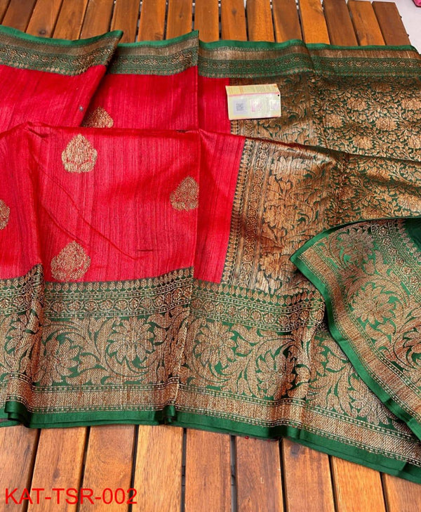 Handwoven Pure Banarasi Tussar Silk Saree With Antique Zari Work.