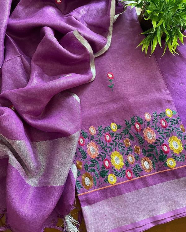 Bhagalpuri Cotton Linen Embroidery Unstitched suit.