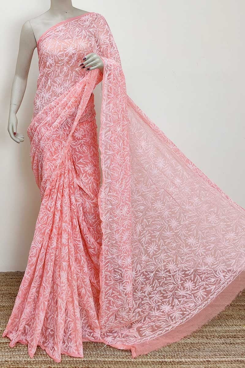 Pure Chiffon Georgette Handwork Chikenkari Tepchi Jaal Work Saree.