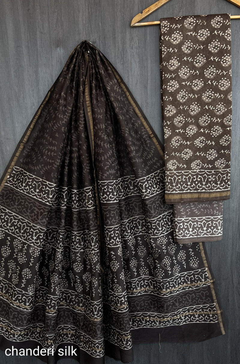 Pure Hand Block Chanderi Silk Unstitched Suit.